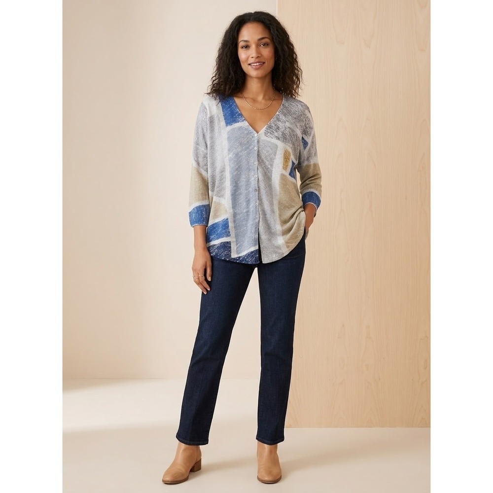 Abstract Geometric NIC+ZOE Blue Linen Blend Button Cardigan Size 1X XL